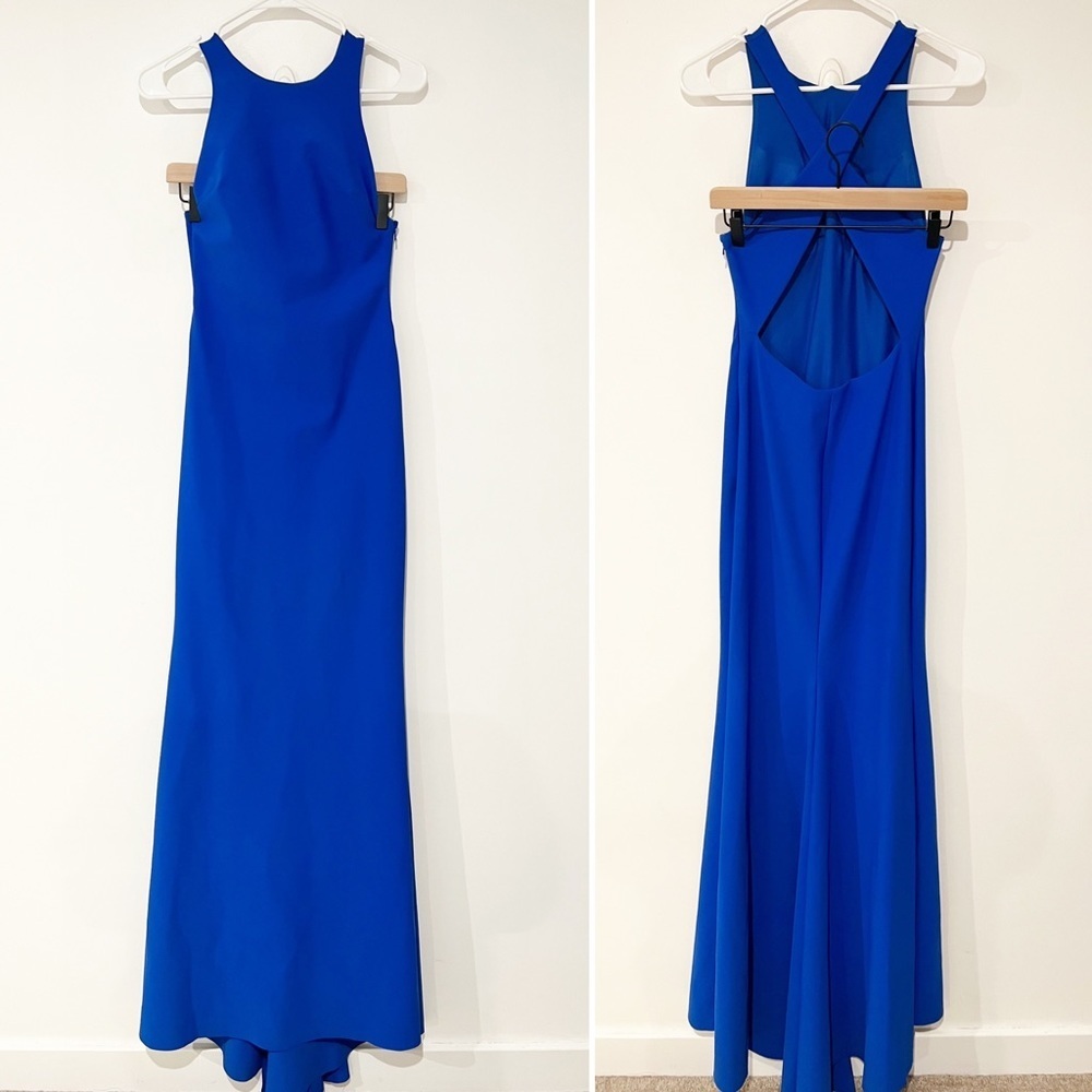 Tarik Ediz Royal Blue Maxi Cross Open Back High Neck Train Fitted Bodycon Gown